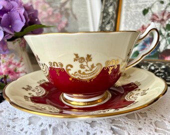 Red and Gold Tea Cup and Saucer with Pink Cabbage Roses, English Tea Set, Numbered China, Vintage Cabinet Cup, As Is Teacup