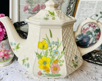 Sadler Teapot Octagonal with Blue, Yellow and Peach Floral and Lattice Design, Vintage English China Tea, Cottage Core Country Home Decor