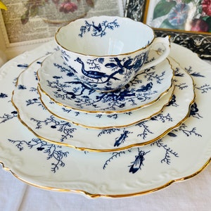 Coalport Cairo Birds Teacup and Saucer, Bread, Lunch and Dinner Plates, Vintage English China, Birdwatchers Gift, Blue and White Home Decor