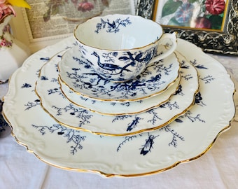 Coalport Cairo Birds Teacup and Saucer, Bread, Lunch and Dinner Plates, Vintage English China, Birdwatchers Gift, Blue and White Home Decor