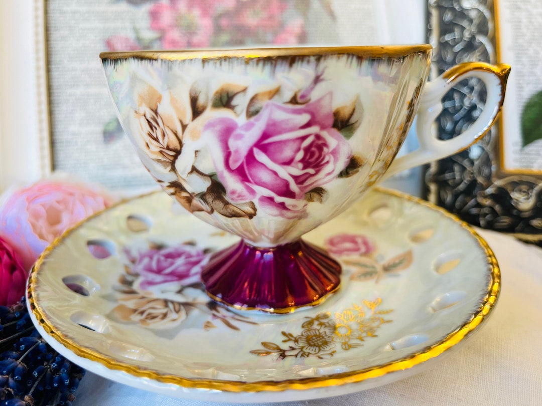 Antique Japan Teacup and Reticulated Saucer, Ruby Foot, Pink Roses