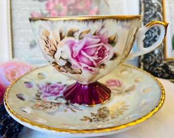 Japan Ruby Footed Teacup and Reticulated Saucer with Pink Roses and Brushed Gold Lustreware, Unmarked Japan Antique 1940s, Collectible Set