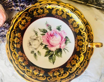 EB Foley Large Pink Rose Teacup and Saucer in Black and Gold, Vintage English Tea Set with Gold Chintz, Gift for Mom, Witches Brew