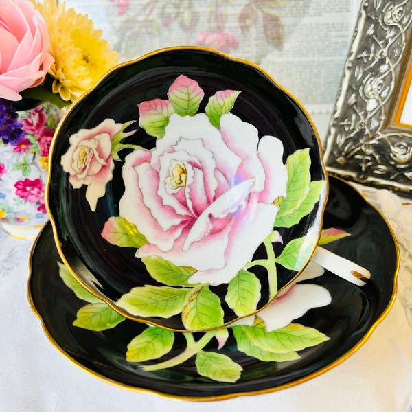 Black Teacup and Saucer with Large Pink and White Cabbage Rose, Wide Mouth, Vintage Tea Set Handpainted Occupied Japan Collectible