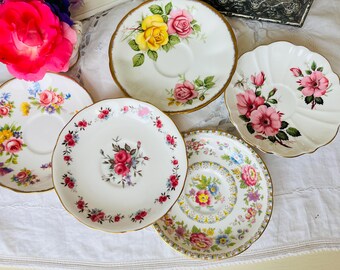 Replacement Saucers or Tea Plates in Pinks and Yellows,  Mixed Floral Patterns, Housewarming Gift, Catch All, Vintage Ring Holder