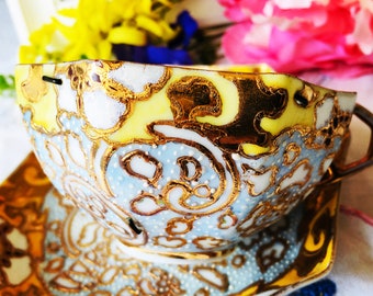 Antique Gold Textured Porcelain Teacup Saucer, Staple Repaired China, Early 1900s