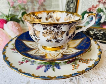 Gold Cascade Royal Albert Teacup, Blue and Gold Paragon Saucer, Aynsley Plate, Vintage English Tea Set, One of a Kind Layered China