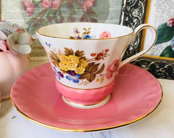 Aynsley Pink Tea Cup and Saucer with Yellow Roses and Blue, Vintage English Tea Set, Bridesmaid or Friends Birthday Gift, Tea Drinker Gift