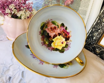Stanley Three Roses Teacup and Saucer in Baby Blue with Gold Trim and Handle, Vintage English Tea Set, Christmas Gift Idea, Tea Drinker Gift