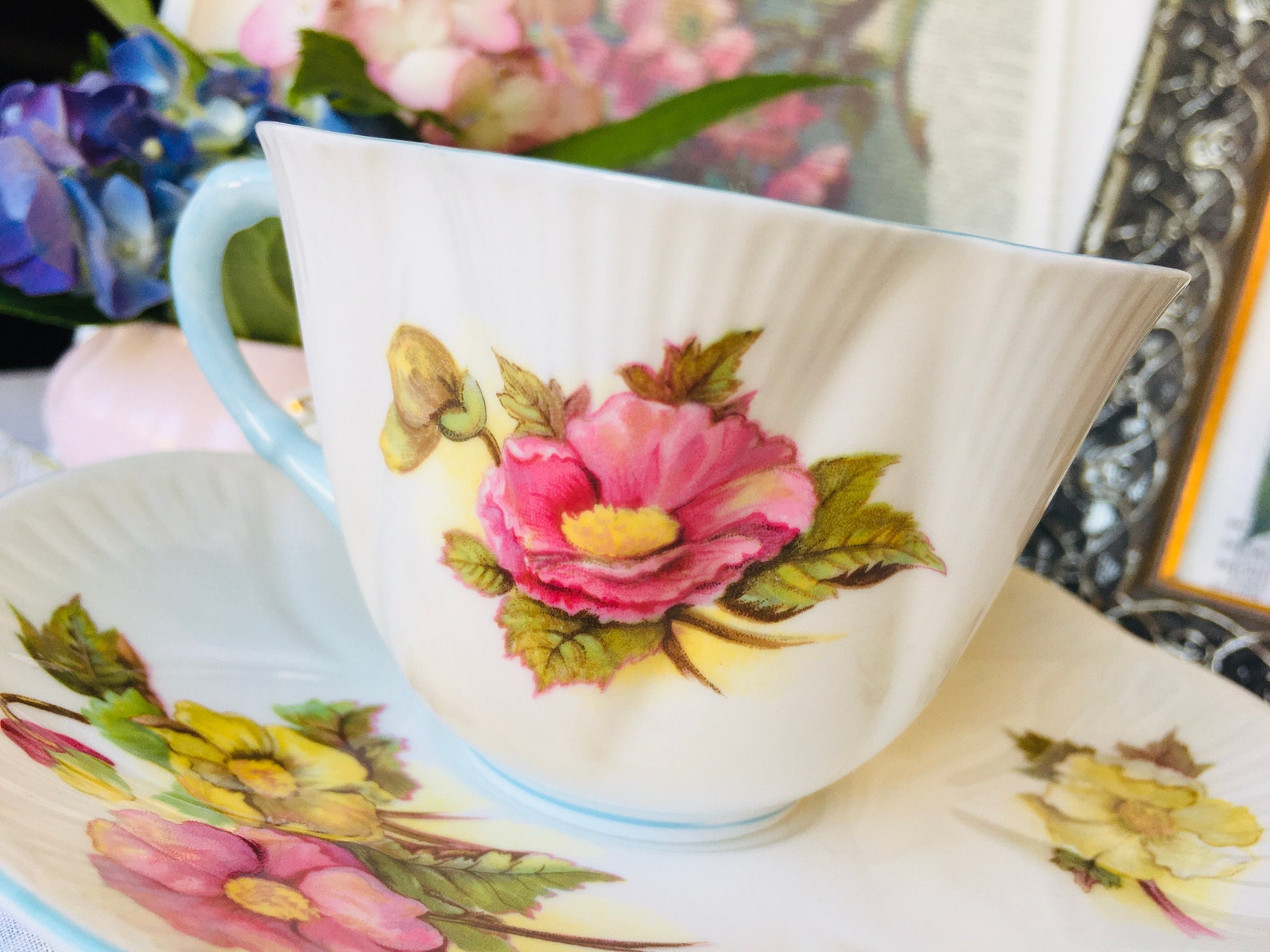 Shelley begonia Dainty Blue Trim Teacup and Saucer Etsy