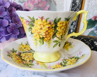 Royal Albert Tea Cup and Saucer, Blossom Time Laburnum Yellow, Floral English Tea Set, Vintage Tea Party Gift, Tea Drinker Gift
