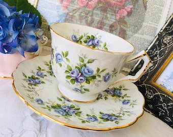 Blue Aynsley “Marine Rose” Teacup and Saucer Scattered Roses, Crocus Shape, Vintage English Tea Set, Springtime Mother's Day Gift for Her