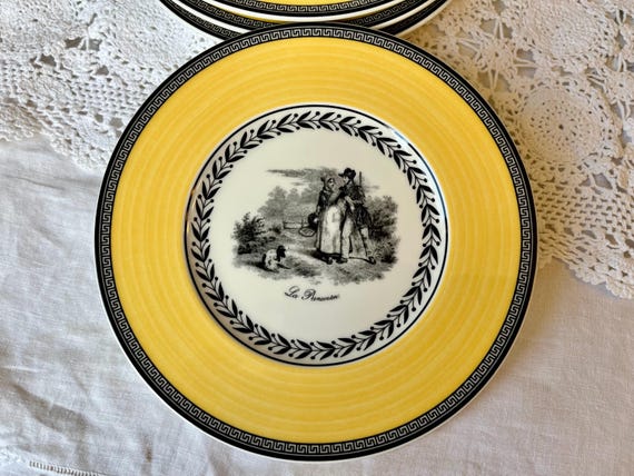 Villeroy & Boch Audun Ferme Coffee Pot, Yellow Mugs, Dessert Plate