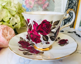 Adderley Red Roses Teacup and Saucer in a Fluted Shape, Vintage English Tea Set, Valentine's or Mother’s Day Gift, Tea Drinker Gift