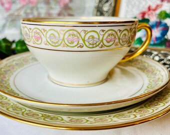 Elite Limoges Pink, Lavender, Green Gold Scrolls, Saucer and Plate, Antique 1930s Porcelain, French Country Decor, Spring Tea Time Gift