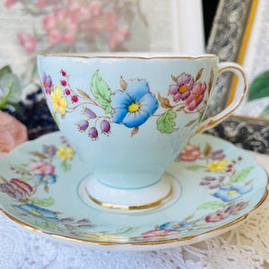 Baby Blue Teacup and Saucer with Pink Cabbage Roses, E.B Foley China, Gold Trim, Christmas or Birthday
