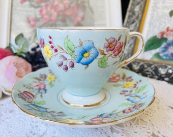 Baby Blue Teacup and Saucer with Pink Cabbage Roses, E.B Foley China, Gold Trim, Christmas or Birthday Gift for Her