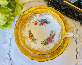 Footed Hammersley Yellow and Gold Lace Teacup and Saucer, English Tea Set, Gift for Her, Mother's Day or Housewarming Tea Gift