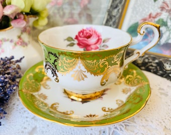 Paragon Green and Gold Signed Antique Rose Teacup and Saucer with Pink Cabbage Rose, Reg Johnson, Vintage English Tea Set