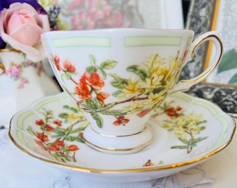 Royal Albert Rhododendron Teacup and Saucer, Vintage English Tea Set in Pretty Orange, Yellow and Green, Perfect Birthday Gift