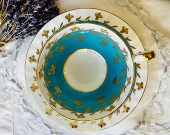 Aynsley Tea Cup and Saucer Aqua Blue and Gold with Heavy Gold Gilt, Oban Shape Cabinet Cup, Vintage Birthday Gift, Tea Drinker Gift
