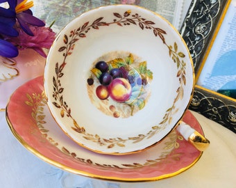 Aynlsey Pink Orchard Fruit Tea Cup and Saucer, Pink and Gold in a Wide Mouth, Oban Shape, Collectors 1950s 1960s Vintage Mother's Day Gift