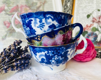 Small Antique Cobalt Blue Teacups, Unmarked Porcelain with Blue Transferware, Gold and Pink Floral Accents, Ring Holder, Gifts Under 20