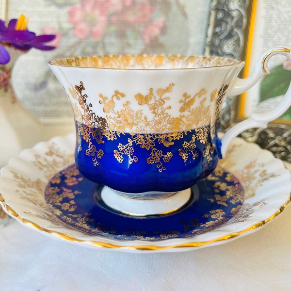 Royal Albert Cobalt Blue and Gold Teacup and Saucer, Regal Series, Gold Brocade, Fine China, English Tea Set, Vintage Gift Idea