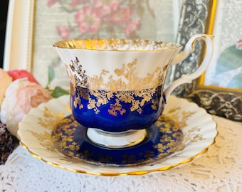 Teacup and Saucer in Navy Blue and Gold, Royal Albert Vintage English Tea Set