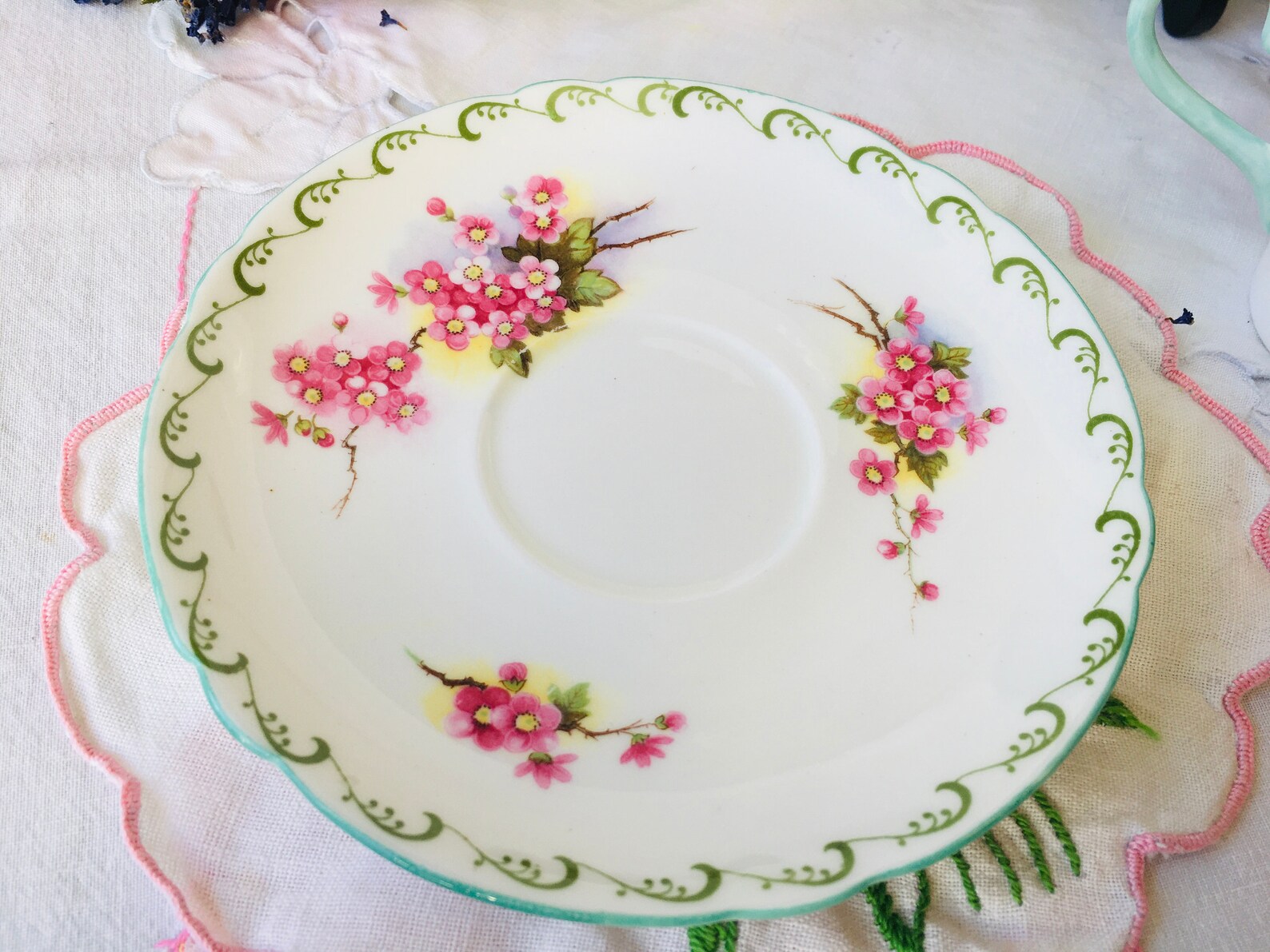 Shelley Mint Green and Pink Cherry Blossoms Teacup and Saucer Etsy Canada