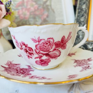 Hot Pink and White Floral Coalport Teacup and Saucer, Tea Set with Scalloped Edge and Gold Trim Made in England