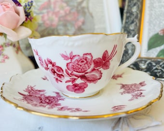 Hot Pink and White Floral Coalport Teacup and Saucer, English Tea Set with Scalloped Edge and Gold Trim, Cottage Core, Made in England