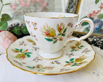 Grosvenor Pink Roses and Blue Forget Me Nots Teacup and Saucer, Vintage English Tea Set, Springtime Tea Time Gift,  Country Home Decor