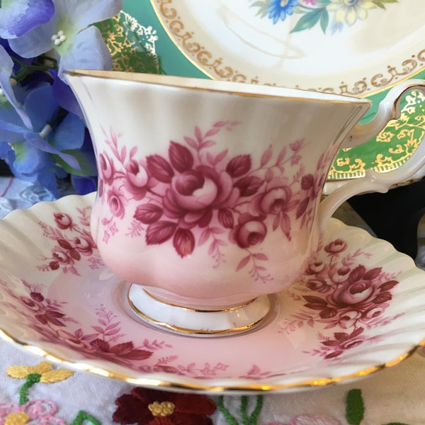 Royal Albert Pink Roses "Melody Series" Teacup and Saucer, Red Foliage, Vintage Fine Bone China, Birthday, Gift for Her