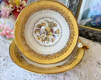 Elizabethan Yellow and Gold Chintz Teacup and Saucer, Vintage Fine Bone China, Birthday, Christmas Gift