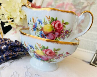 Blue and Gold Orchard Fruits and Floral Creamer and Sugar Bowl, Vintage English China for Tea Time, Victorian Tea Gift, Tea Drinker Gift
