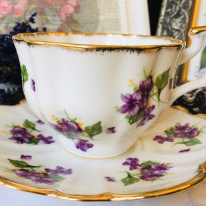 Salisbury Purple Violets Teacup and Saucer, Fluted Shape, Brushed Gold Trim, Vintage English Tea Set, Birthday Gift Idea