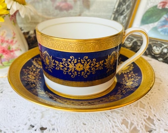Coalport Lady Anne Cobalt Blue and Gold Teacup and Saucer, Vintage English Tea Set Gift For Christmas