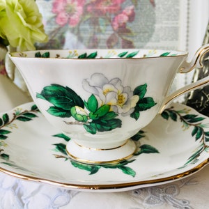 Royal Albert White Gardenia Teacup and Saucer, &quot;Clare&quot; Wide Mouth Avon Shape, Signed by Artist, Vintage English Tea Set