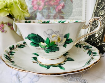 Royal Albert White Gardenia Teacup and Saucer, "Clare" Wide Mouth Avon Shape, Signed by Artist, Vintage English Tea Set, Tea Drinker Gift