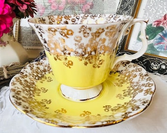 Vintage China English Tea Set, Royal Albert Yellow Pompadour Cascade Teacup and Cascade Saucer, Mix and Match Tea Gift, Tea Drinker Gift