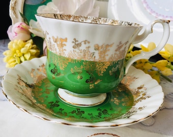 Royal Albert Teacup and Saucer, Regal Series Green with Gold Floral Filigree, Vintage China, Gift for Her, Hostess Gift