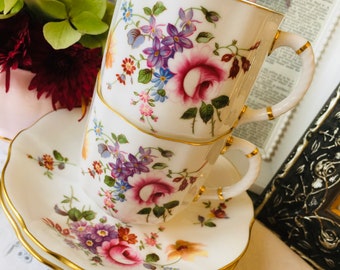 Set of 2 Demitasse Cups and Saucers, Royal Crown Derby Posies Espresso Cups, Made in England, Vintage Housewarming or Birthday Day Gift Idea