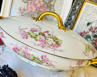 Limoges Covered Dish in Pink & Green Floral, Brushed Gold, Antique French Porcelain, Housewarming or Mothers Day Gift for Her