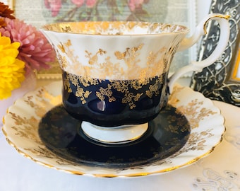 Royal Albert Navy Blue and Gold Saucer, Regal Series, Gold Brocade, Fine China, Classic B & W China, Replacement Saucer