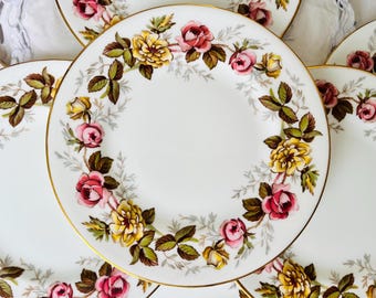 Coalport "Rosalinda" Pink and Yellow Roses Plates, Bread and Butter or Small Dessert Plates, Vintage English China