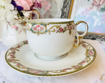 France Limoges Lanternier Teacup and Saucer with Blue and Pink Floral Border, Antique French Home Country Decor Gift Idea, Tea Drinker Gift
