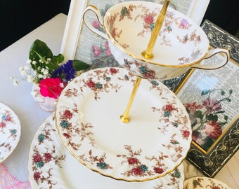 High Tea with Minton Ancestral Tiered Cake Stand, Cake Plates, Vintage Floral Bridal Shower or Tea Party, Mother's Day Dinner Gift Idea