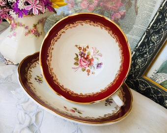 Denby Rockingham Red and Gold Tea Cup and Saucer with Pink Roses, Wide Mouth English Tea Set, Christmas Gift Idea, Tea Drinker Gift