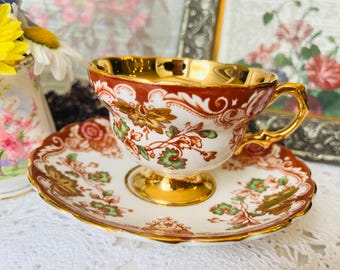 Rosina Orange and Gold Teacup and Saucer, Vintage English Tea Set, Halloween Tea Cup, Cinnamon and Pumpkin Spice fall Tea